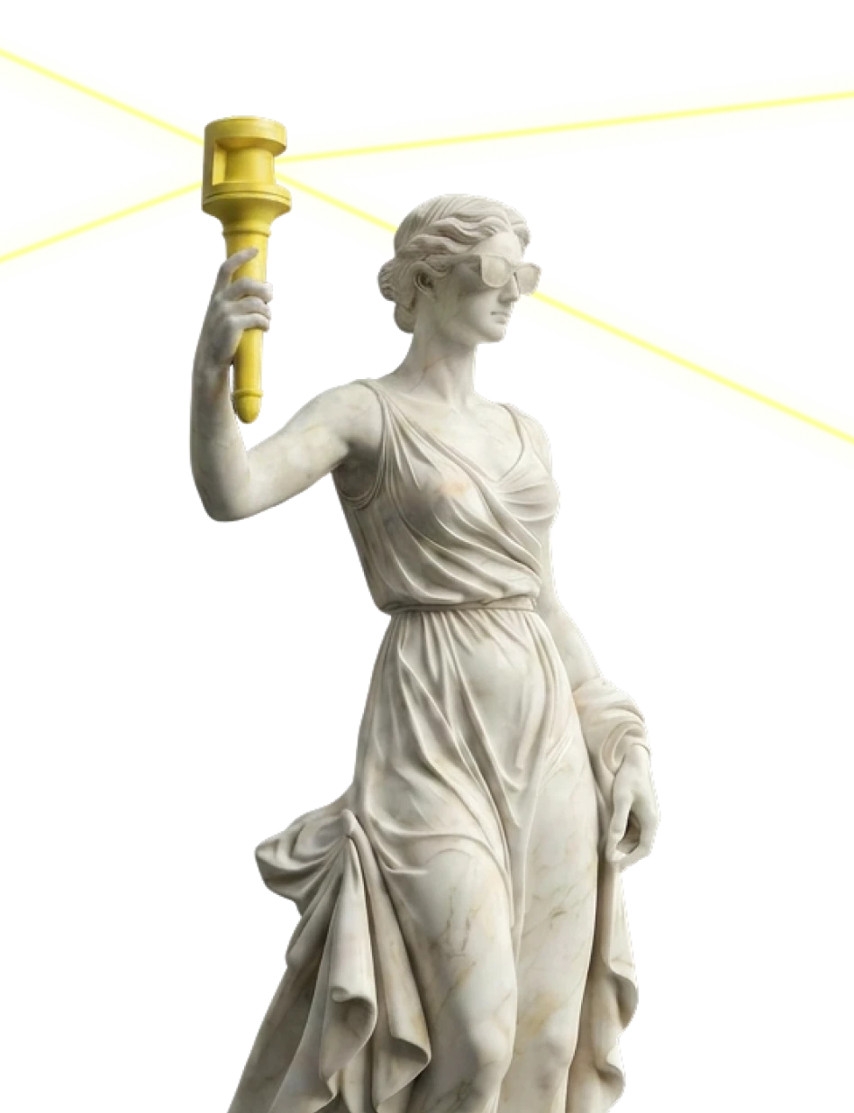 Marble statue of a classical woman wearing sunglasses holding a bright yellow torch.