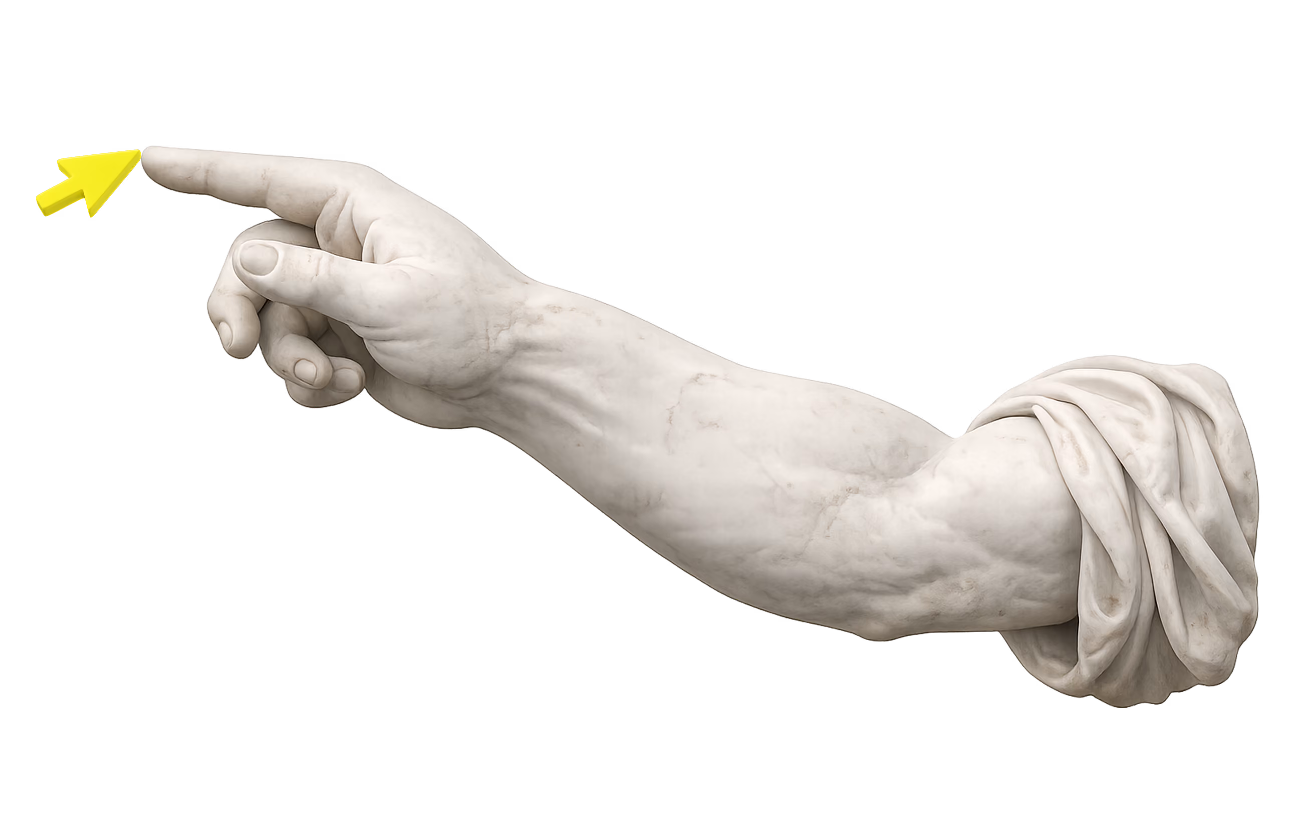 Marble sculpture of an outstretched arm pointing at the price it is calling.